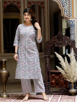 Doriyaan - Women Blue Cotton Printed Kurta and Pant (Set of 2)