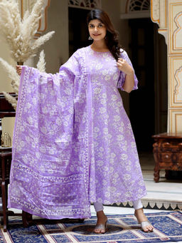 Doriyaan - Women Floral Printed Lavender Anarkali Kurta with Dupatta (Set of 2)