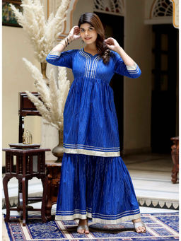 Doriyaan - Women Blue Printed Lurex Gota Patti Cotton Peplum Kurti and Sharara (Set of 2)