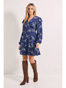 Dorothy Perkins - Frill Detail Blouson Sleeve Tie Back Tiered Printed Mini Dress - Purple