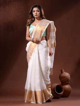 CHARUKRITI - White Linen Handwoven Saree with Zari Borders with Unstitched Blouse