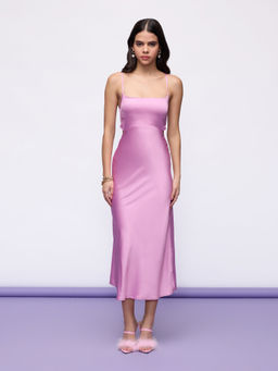 MIXT by Nykaa Fashion - Pink Solid Shoulder Straps Neck A Line Maxi Satin Slip Dress