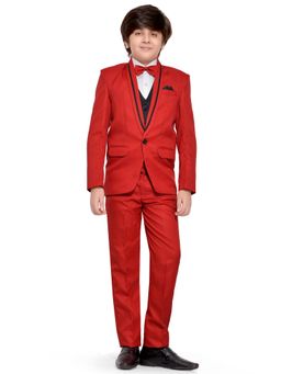 Jeetethnics - Boys Red Coat Suit With Waistcoat Shirt And Trousers (Set of 5)