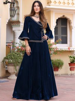 Lavanya The Label - Blue Velvet Peplum Lehenga (Set of 2)