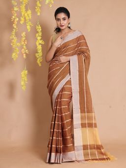 CHARUKRITI - Brown Cotton Handwoven Striped Designs Saree with Unstitched Blouse