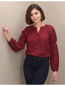 U.S. POLO ASSN. - Maroon Mandarin Collar Peasant Sleeve Solid Evening Top