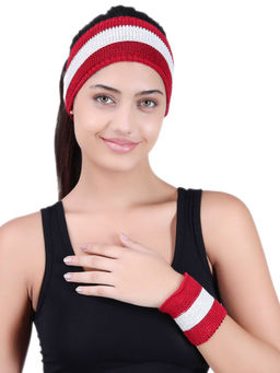 Bharatasya - Women Red Cotton Headband with Wristbands