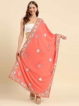 Dupatta Bazaar - Womens Parsi Gara Thread Work Embroidered Coral Velvet Dupatta