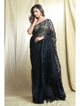 Arhi - Black Silk Cotton Handwoven Soft Saree With Allover Thared Weving