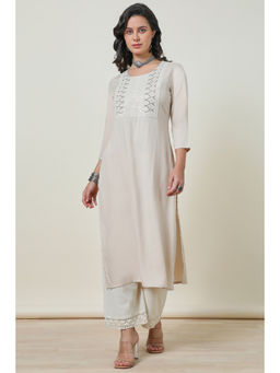 Soch - Womens Beige Dori Embroidered Rayon Straight Kurta
