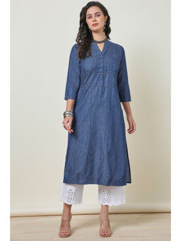 Soch - Womens Indigo Cotton Blend Checked Mandarin Collar Kurta