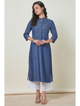 Soch - Womens Indigo Cotton Blend Mandarin Collar Kurta