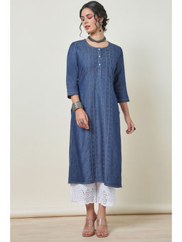 Soch - Womens Indigo Kantha Stitch Cotton Blend Kurta