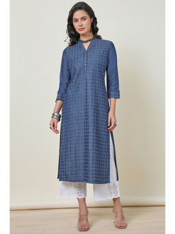 Soch - Womens Indigo Checked Cotton Blend Kurta