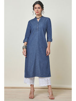 Soch - Womens Indigo Mandarin Collar Textured Cotton Blend Kurta