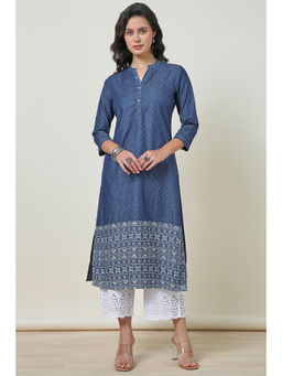 Soch - Womens Indigo Cotton Blend Mandarin Collar Kurta