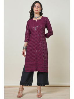 Soch - Womens Wine Embroidered Rayon Straight Kurta