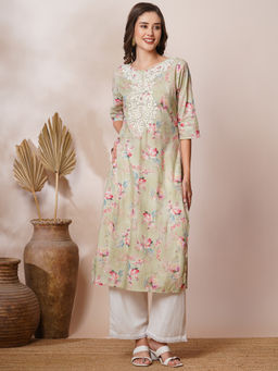 FASHOR - Beige Floral Printed and Embroidered Straight Fit Kurta