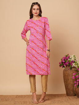 FASHOR - Pink Ethnic Leheriya Foil Printed Straight Fit Kurta