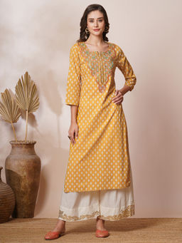 FASHOR - Mustard Ethnic Khari Printed and Embroidered Straight Fit Kurta