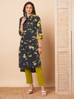 FASHOR - Navy Blue Shibori Dyed and Striped Printed High Low Kurta