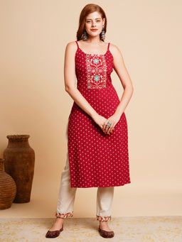 FASHOR - Maroon Ethnic Khari Printed and Embroidered Straight Fit Kurta
