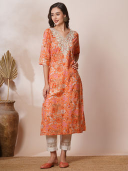 FASHOR - Orange Embroidered and Ethnic Foil Printed Straight Fit Kurta