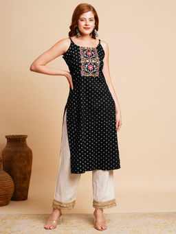 FASHOR - Black Ethnic Khari Printed and Embroidered Straight Fit Kurta