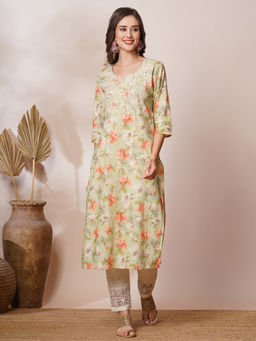 FASHOR - Green Embroidered and Floral Printed Straight Fit Kurta