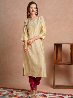 FASHOR - Cream Ethnic Zari and Sequin Embroidered Straight Fit Kurta