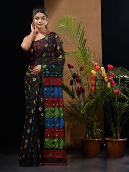 CHARUKRITI - Black Handwoven Saree with Multicolor Woven Designs & Motifs