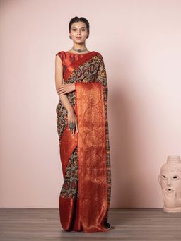 EXCLUSIVA - Brown and Red Soft Printed Silk Linen Saree with Unstitched Blouse