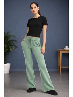 Nobero - Womens Solid Green Flared Terry Pant