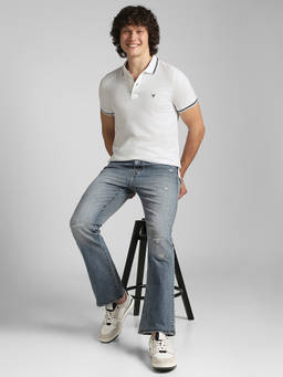 American Eagle - White Solid Cotton Blend Slim Fit Polo T-Shirt