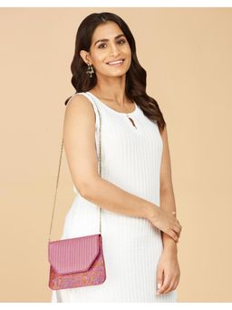 Fabindia - Pink Silk Blend Floral Print Chain Straps Clutch
