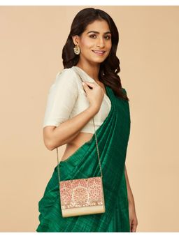 Fabindia - Beige Silk Blend Floral Print Chain Straps Clutch