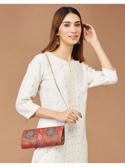 Fabindia - Rust Silk Floral Print Chain Straps Clutch