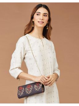 Fabindia - Black Silk Floral Print Chain Straps Clutch