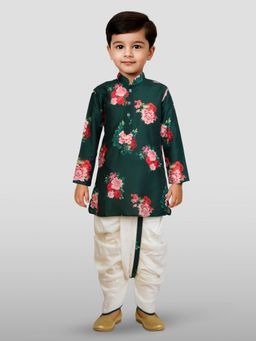 JBN Creation - Boys Green Floral Printed Kurta with Dhoti and Flute with Headband