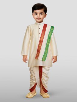 JBN Creation - Boys Cream Viscose Solid Kurta with Dhoti and Dupatta