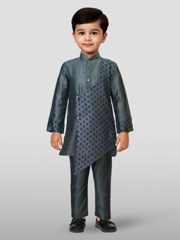 JBN Creation - Boys Grey Cotton Blend Block Printed Angrakha Kurta with Pyjama