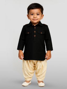 JBN Creation - Boys Black Cotton Blend Solid Pathani Kurta with Patiala