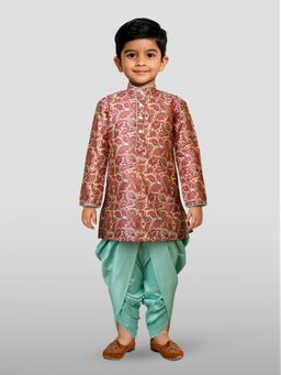 JBN Creation - Boys Multi Color Silk Blend Printed Kurta with Dhoti and Flute with Headband