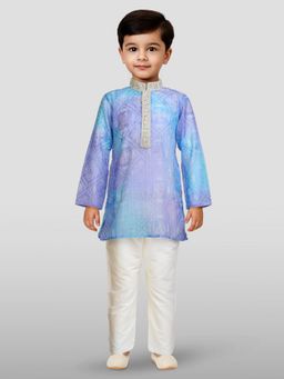 JBN Creation - Boys Blue Printed Navratri Crochet Embroidered Collar Kurta with Pyjama
