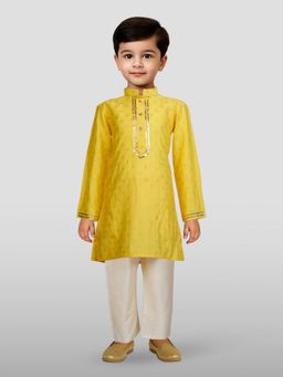 JBN Creation - Boys Yellow Rayon Foil Printed Kurta with Pyjama