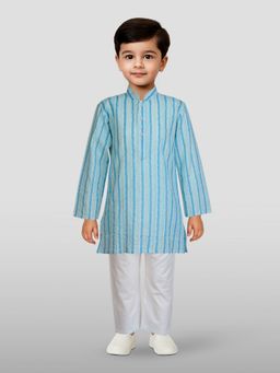 JBN Creation - Boys Blue Cotton All Over Printed Kantha Work Kurta with Pyjama