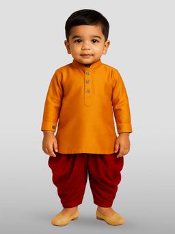 JBN Creation - Boys Orange Silk Blend Solid Regular Kurta with Dhoti
