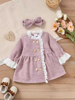 Hopscotch - Girls Pink Full-Sleeve Solid Long Coat with Headband