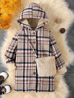 Hopscotch - Girls Khaki Checkered Full-Sleeve Long Coat with Hand Bag