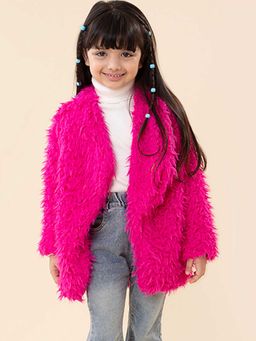 Hopscotch - Girls Pink Textured Full-Sleeve Long Coat